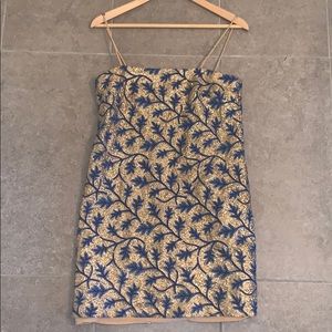 Anthropologie Blue Gold Motif Dress